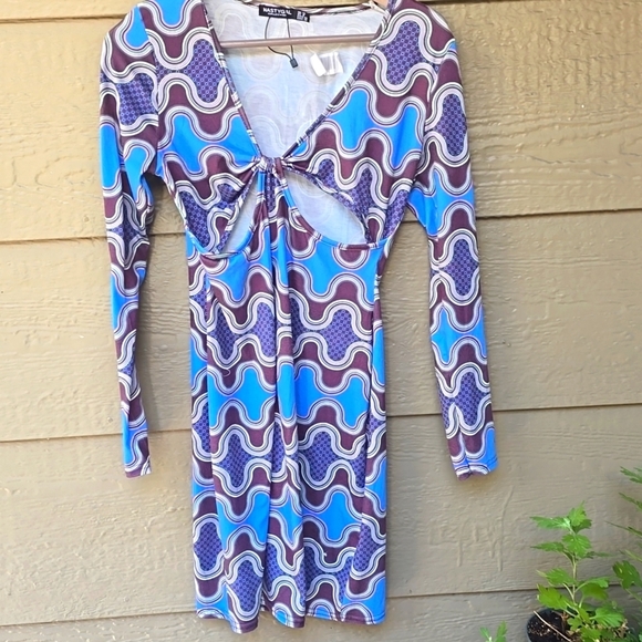Nasty Down Blue Mod Print Long Sleeve Stretch Cut Out Dress 8 - Picture 4 of 10